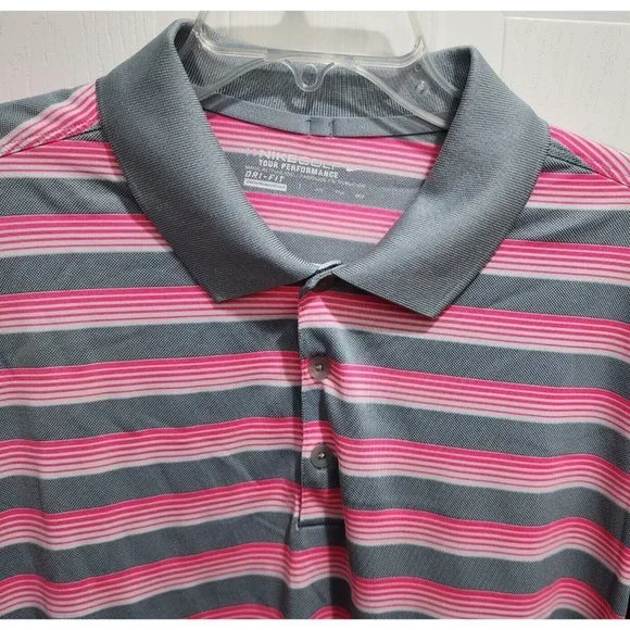 Nike Golf Tour Performance Dri Fit Polo Shirt Size 2XL Men Pink Striped Athletic - Picture 2 of 9